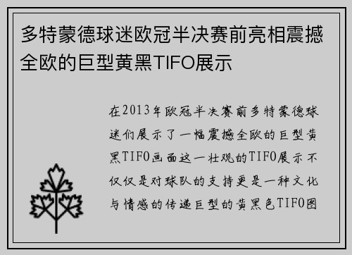 多特蒙德球迷欧冠半决赛前亮相震撼全欧的巨型黄黑TIFO展示